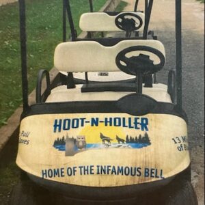 Hoot N Holler logo on golf cart at Blackduck Golf Course